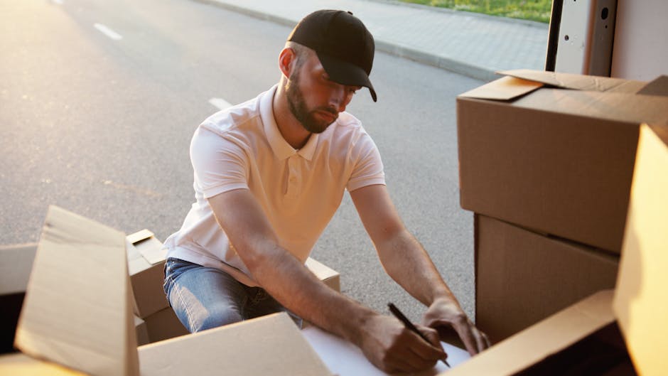 A man wearing a black cap, white polo shirt, and blue jeans is kneeling on the pavement beside an open cardboard box full of packing materials, including bubble wrap and paper. He is using a black mar